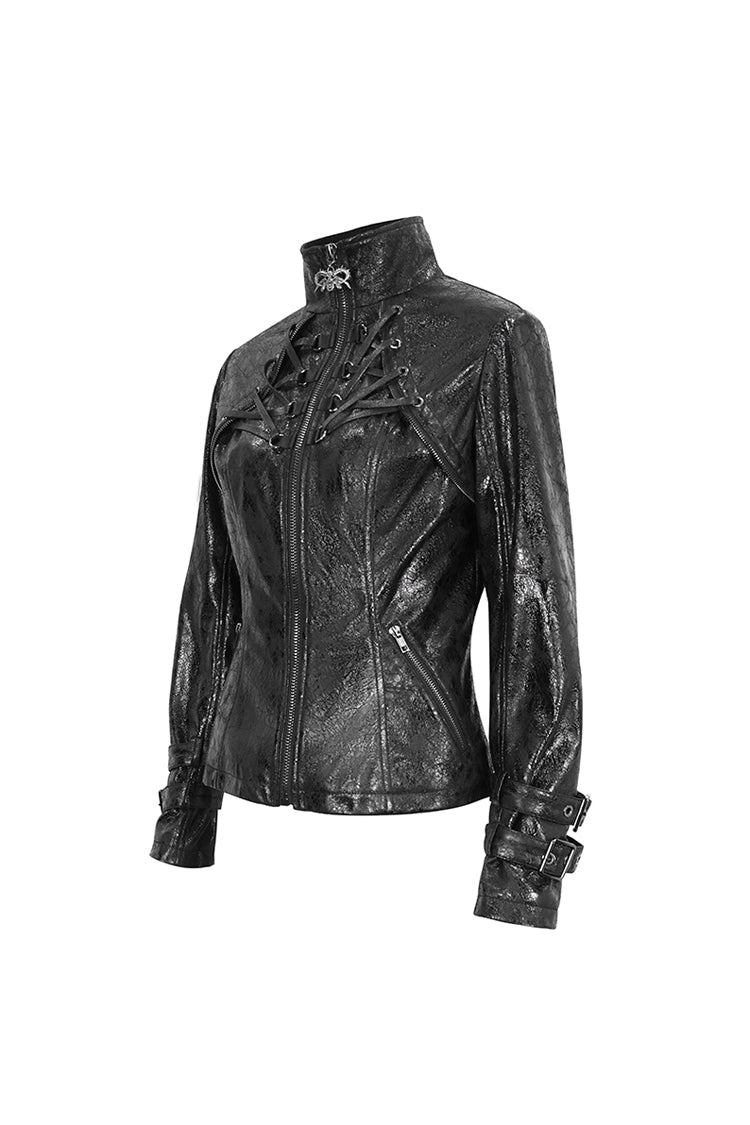 Black Stand Collar Crackled Buckle Women's Punk Jacket - Product - 9