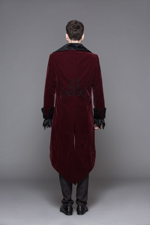 Red Party Fake Two Pieces Velvet Mens Gothic Long Coat - Product - 6