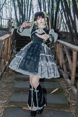 Cheongsam Ink Print Multi-layer Bowknot Sweet Chinese Style Princess Lolita Jsk Dress 2 Colors - Dark-Green - 1