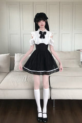 Black/White [Moonlit Poem] Stand Collar Off Shoulder Short Sleeves High Waisted Ruffled Bow Lace Sweet Princess Lolita Dress - Product - 8