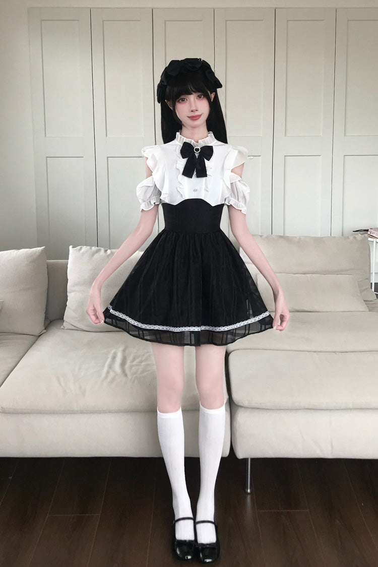 Black/White [Moonlit Poem] Stand Collar Off Shoulder Short Sleeves High Waisted Ruffled Bow Lace Sweet Princess Lolita Dress - Product - 8