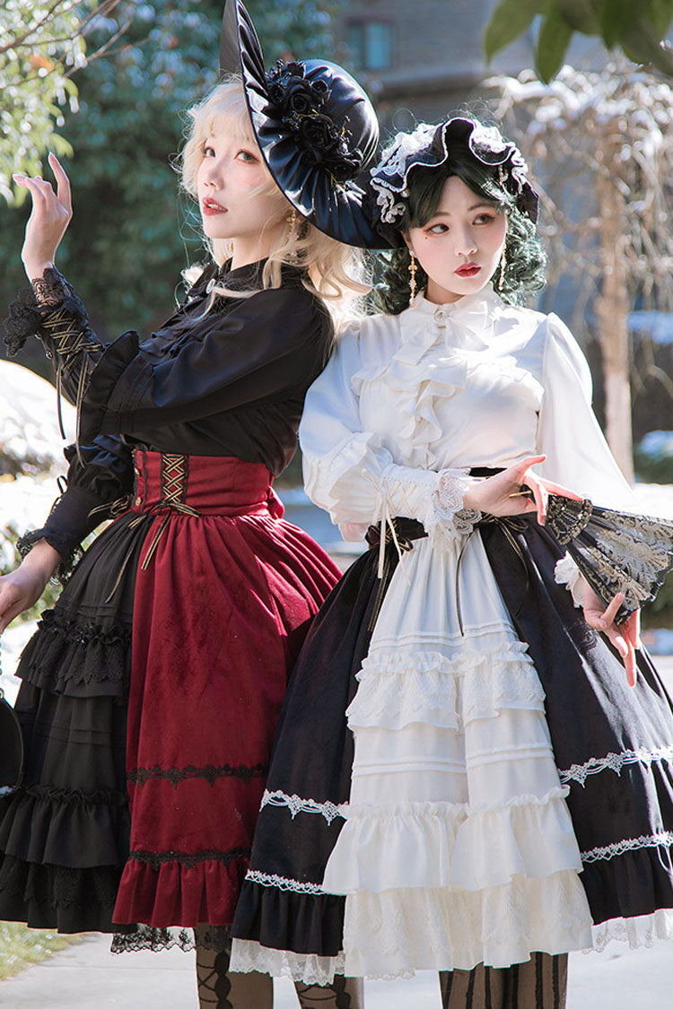 White/Black Stitching Cardigan Ruffled Multi-Layer Gothic Lolita Skirt Dress - Product - 5