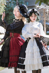 White/Black Stitching Cardigan Ruffled Multi-Layer Gothic Lolita Skirt Dress - Product - 5