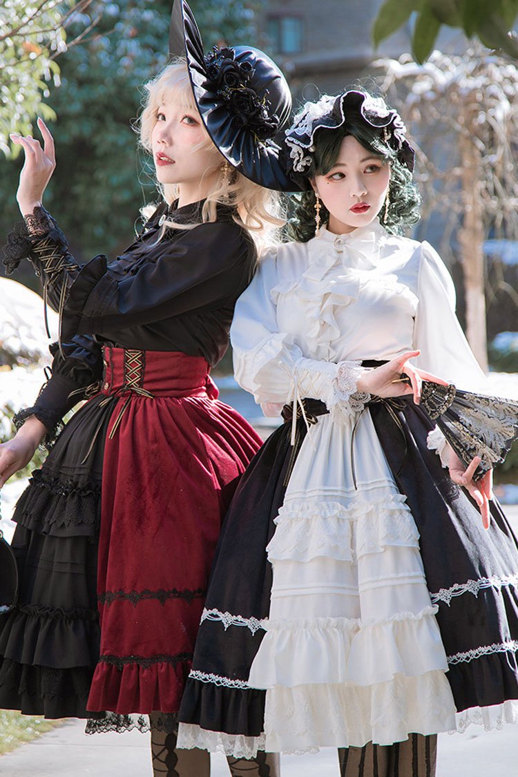 Black/Red Stitching Cardigan Ruffled Multi-Layer Gothic Lolita Skirt Dress - Product - 6