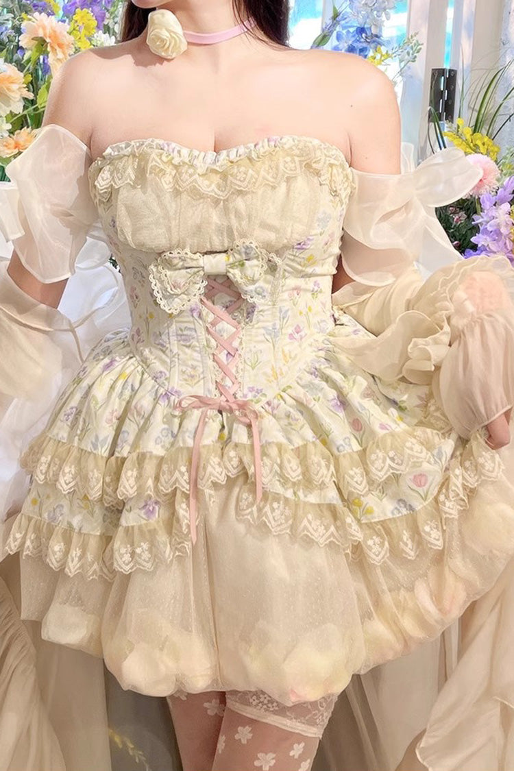 Ivory [Flower Story] Tulip Print Bowknot Lace Sweet Lolita Skirt - Ivory - 1