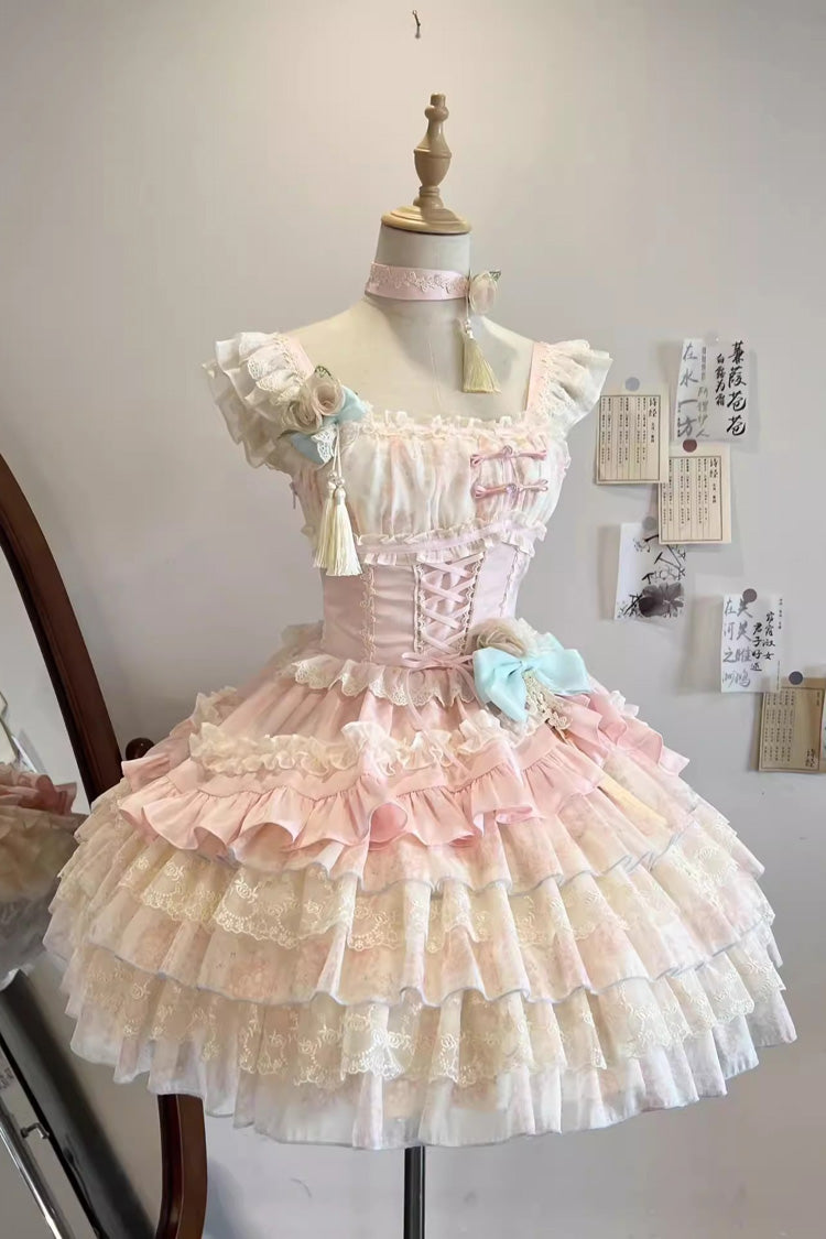 Ancient Poetry Print Multi-layer Ruffle Bowknot Lace Sweet Chinese Style Lolita Tiered Dress 2 Colors - Pink - 3