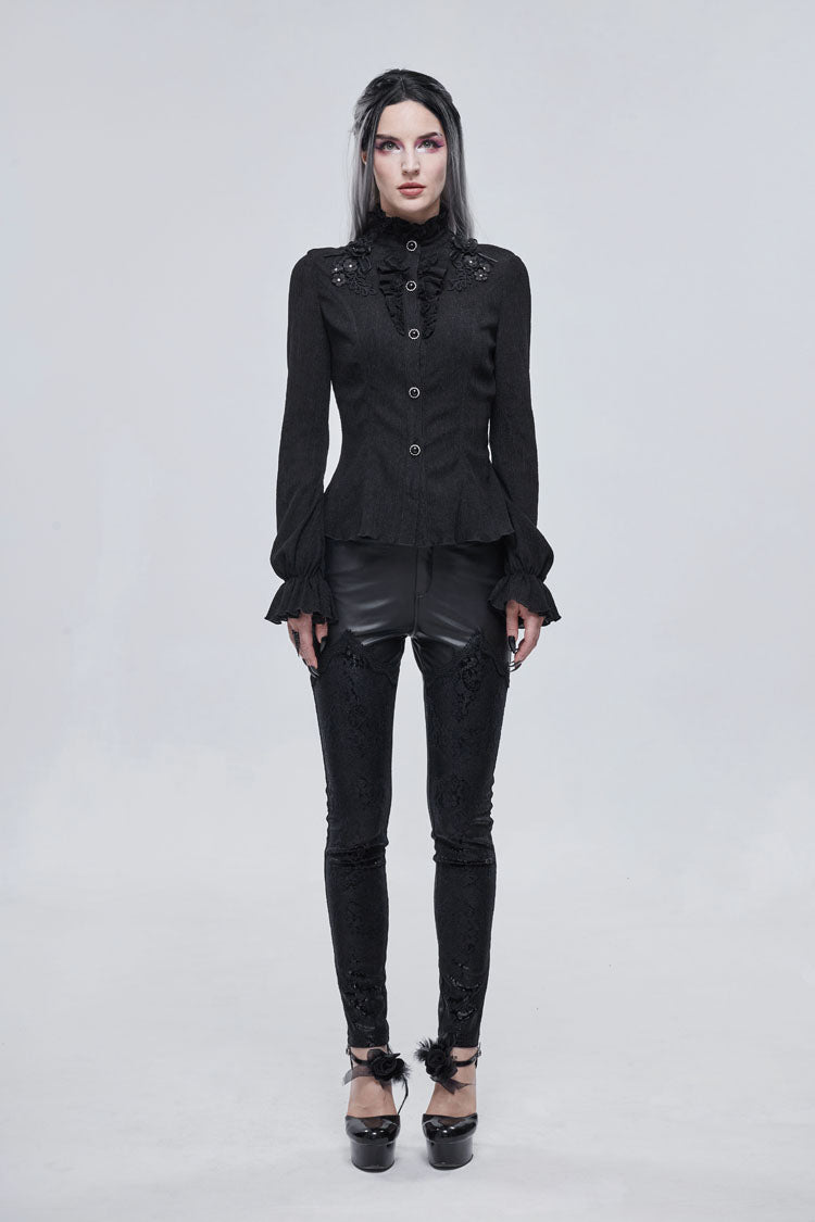 Black Lace High Neck Three Dimensional Embroidered Lantern Trumpet Sleeves Women's Gothic Shirt - Product - 3