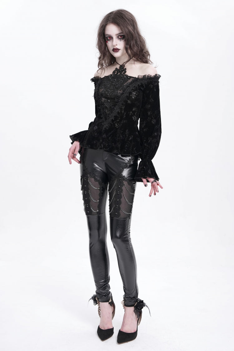 Black Off Shoulder Hollow Embroidery Women's Gothic Blouse - Product - 6
