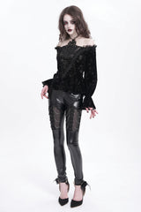 Black Off Shoulder Hollow Embroidery Women's Gothic Blouse - Product - 6
