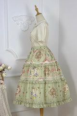 Green [Cat Rose Tea] Print Ruffle Daily Sweet Lolita Skirt - Product - 10