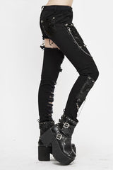 Black Punk Asymmetrical Spliced Broken Hole With Chains Womens Pants - Product - 3