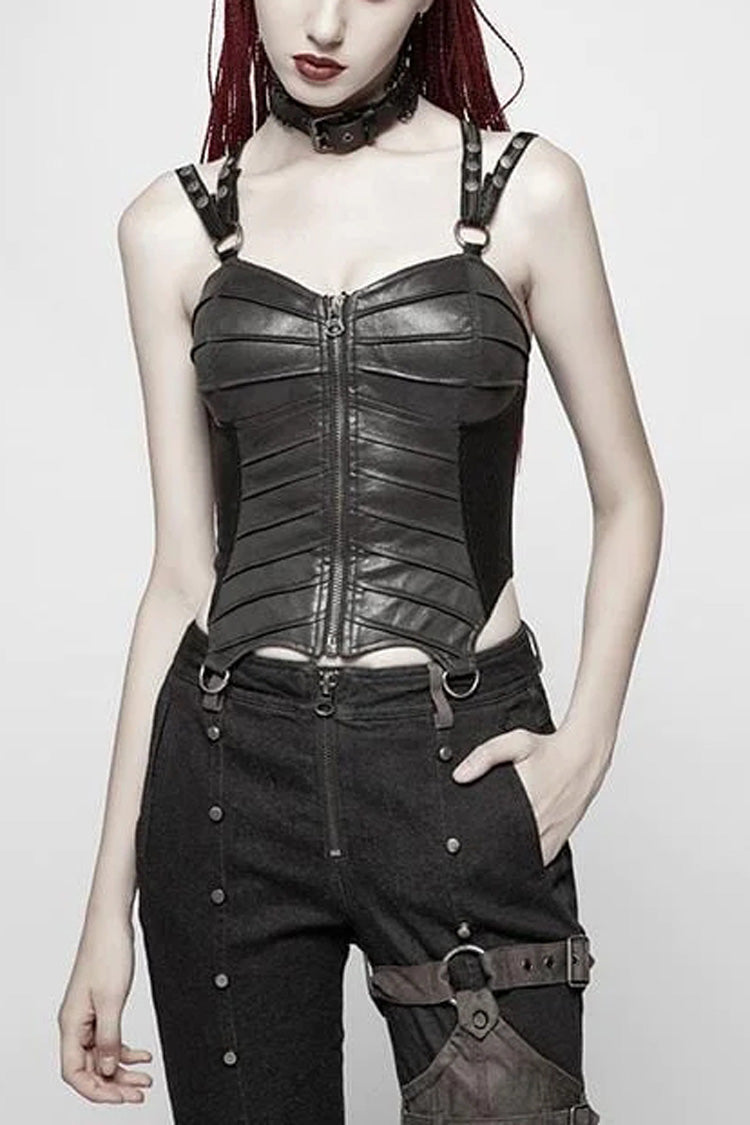 Black Faux Leather Strap Back Print Lace-Up Womens Steampunk Short Corset - Black - 1