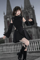 Black [Reserve Tactics] Ruffled Cut-Out Asymmetric Gothic Lolita Dress Set - Black(Set) - 1