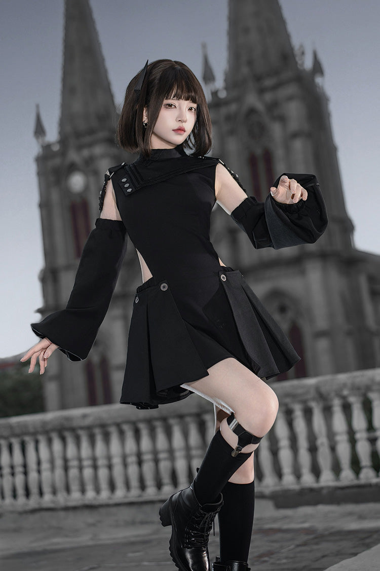 Black [Reserve Tactics] Ruffled Cut-Out Asymmetric Gothic Lolita Dress Set - Black(Set) - 1