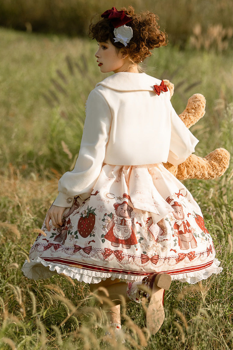 Ivory/Red Strawberry Bear Print Ruffle Bowknot Sweet Princess Lolita Jsk Dress - Product - 8