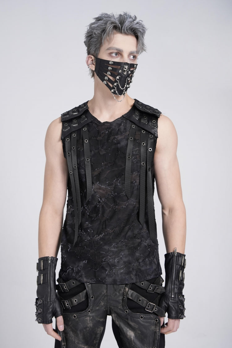 Black Sleeveless Eyelet Strap Distressed Men's Gothic Vest - Product - 4