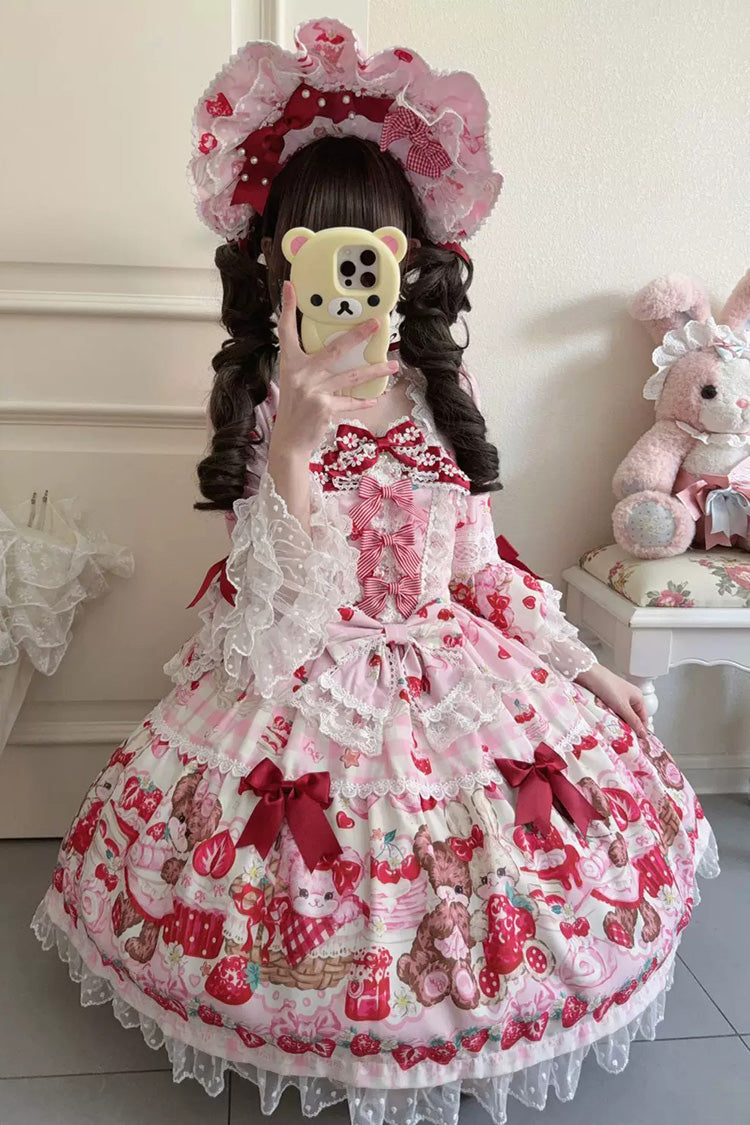 Red/Pink [Sweet Berry Bunny Bear] Half Sleeves Printed Bow Lace Lace-Up Sweet Lolita OP Dress - Product - 4