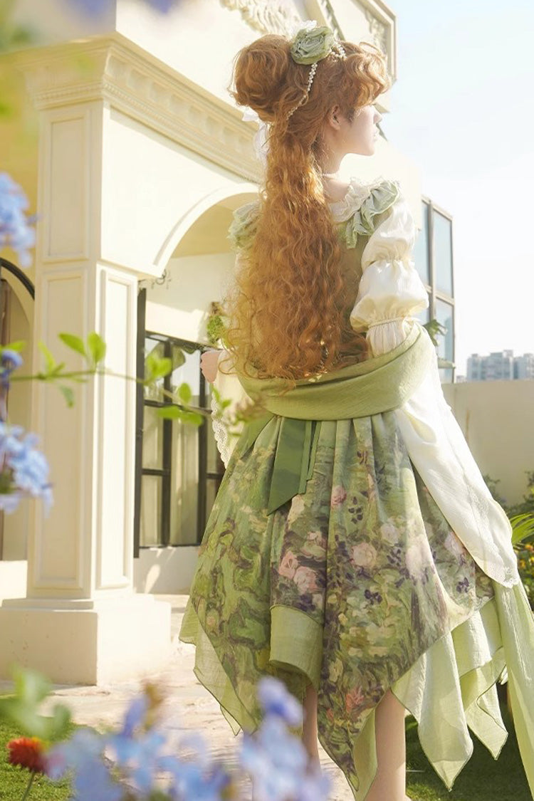 Green [Blooming Roses] Print Oil Painting Chiffon Ruffle Bowknot Irregular Sweet Lolita Jsk Dress - Product - 4