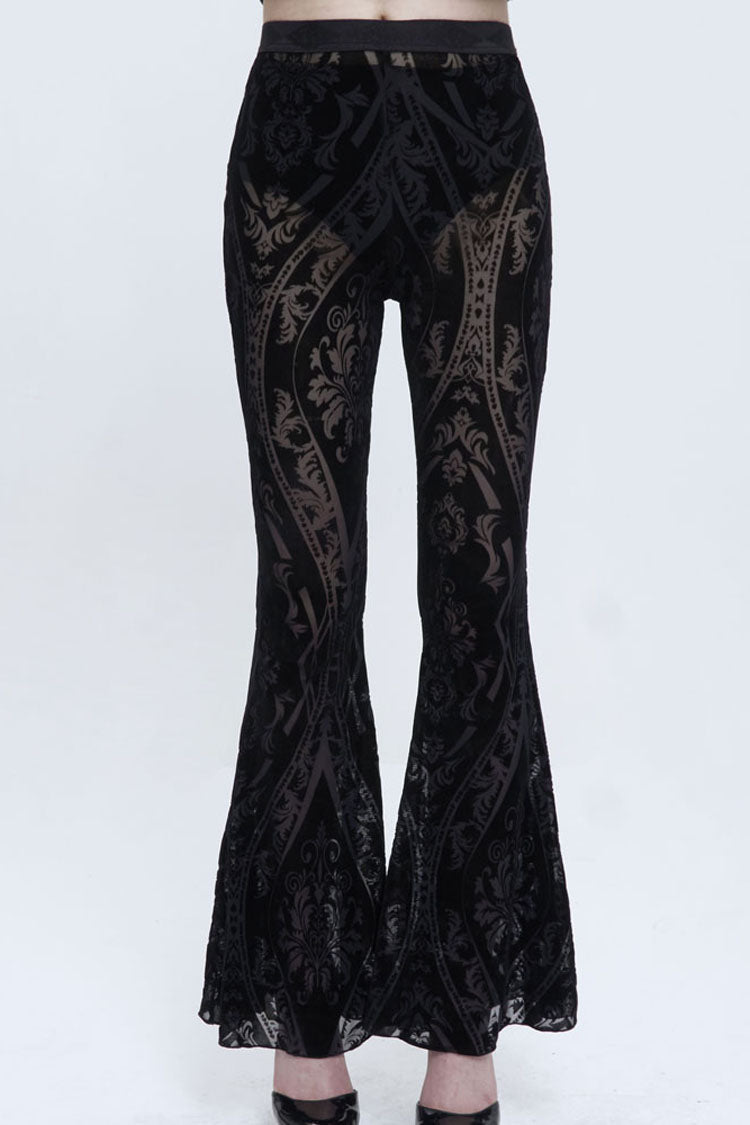 Black Flocked Printed Fabric Elastic Jacquard Elastic at Waist Flared Women's Punk Pants - Black - 1