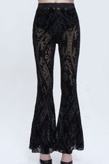 Black Flocked Printed Fabric Elastic Jacquard Elastic at Waist Flared Women's Punk Pants - Black - 1