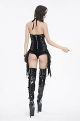 Black Off Shoulder Lace Lace-Up Slim Zippered Women's Gothic Ruffled Bodysuit - Product - 7