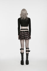 Red Patchwork Studded Pleated Women's Punk Preppy Style Skirt - Product - 4