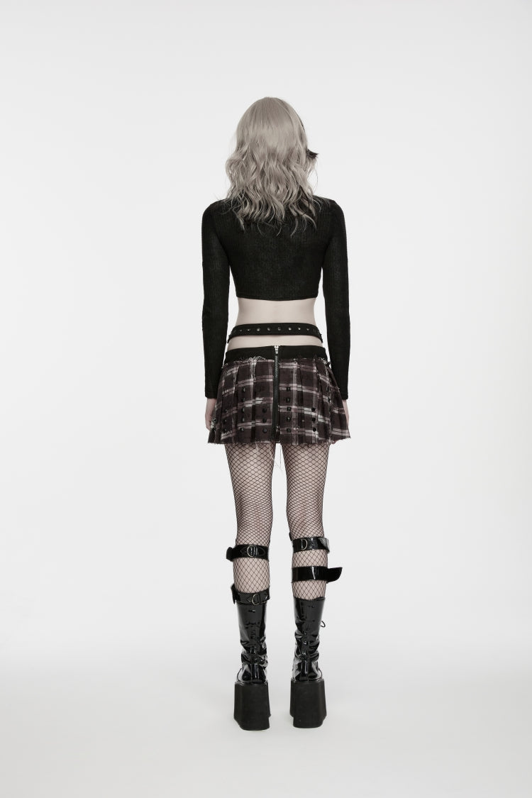 Red Patchwork Studded Pleated Women's Punk Preppy Style Skirt - Product - 4