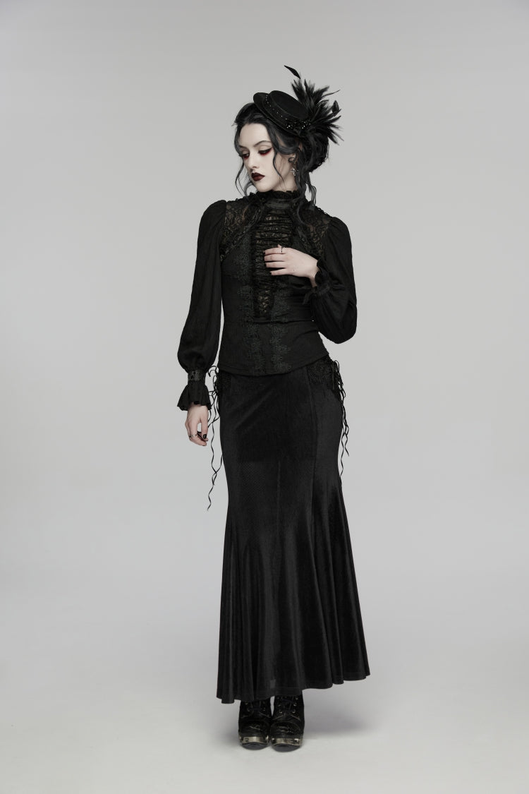 Black Stand Collar Long Sleeves Lace Lace-Up Slim Women's Gothic Blouse - Product - 5