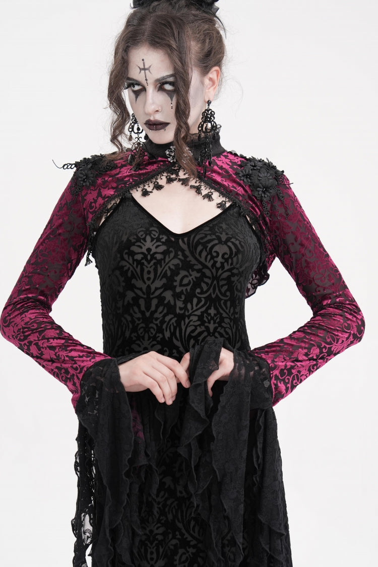Black/Purple Stand Collar Long Sleeves Lace Tassels Women's Gothic Cape - Product - 2