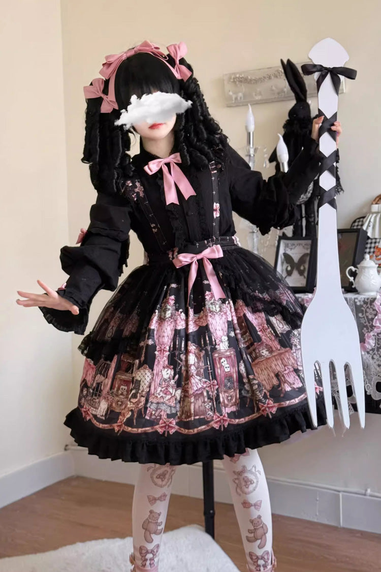 Black [The Case of the Missing Lamb] Print Ruffle Bowknot Lace Gothic Lolita SK Skirt - Product - 15