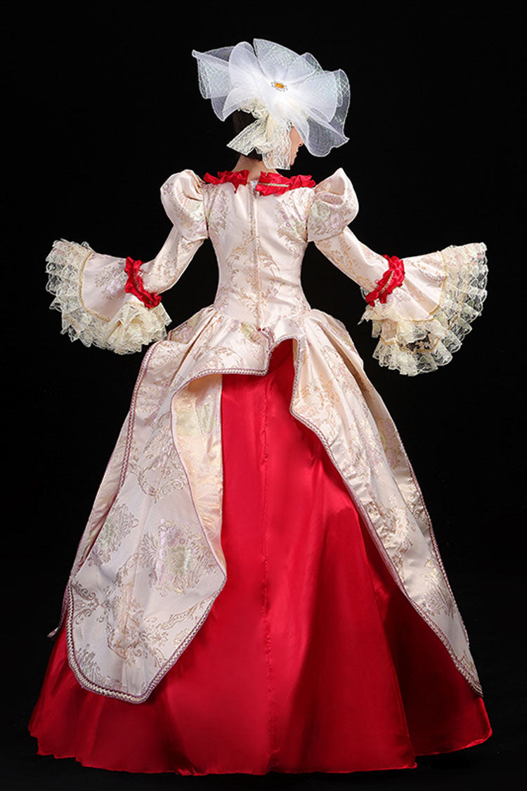 Wine/Golden Stitching Court Style High Waisted Trumpet Sleeves Embroidery Floral Print Victorian Lolita Prom Dress - Product - 5