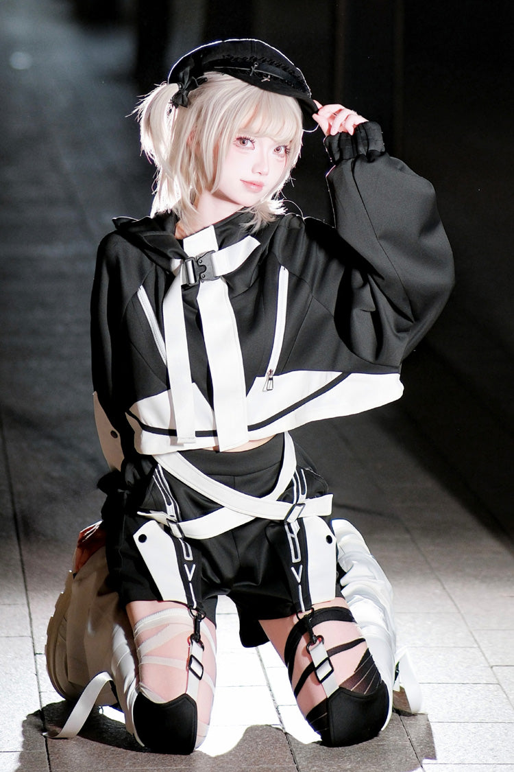 Black/White [Zero-Type Transformation] Techwear Long Sleeves Embroidered Hooded Punk Jirai Kei Shorts Coat Set - Product - 8