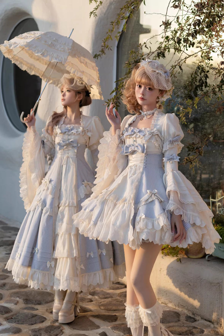 Blue [Letter Paper] Sleeveless Double-Layered Printed Ruffled Open-Front Bow Lace-Up Sweet Lolita Jsk Dress (Short Version) - Product - 7