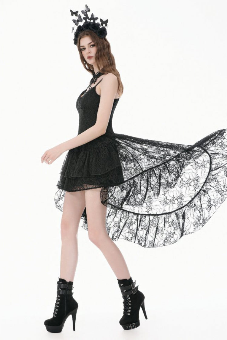 Black Women's Gothic Vintage Lace Multi-Layered Ruffled High-Low Slip Dress - Product - 2