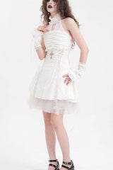 White Cross Halterneck Sleeveless Ruffle Lace Women's Gothic Dress - Product - 3