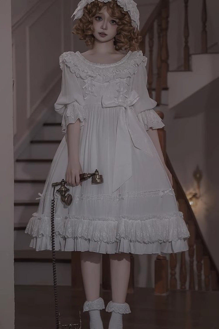White [Good Morning] Short Sleeves Ruffle Bowknot Lace-Up Gothic Lolita Dress - Product - 4