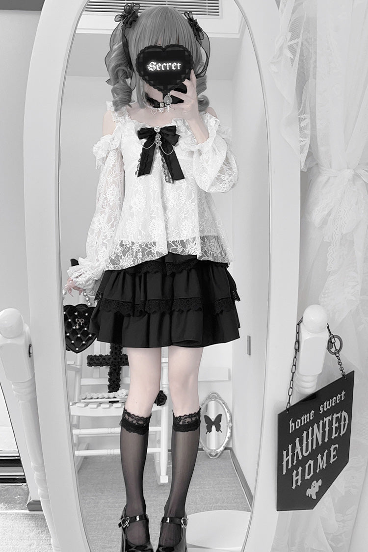 Black Triple-Layered Ruffle Lace Japanese Jirai Kei Skirt - Product - 2