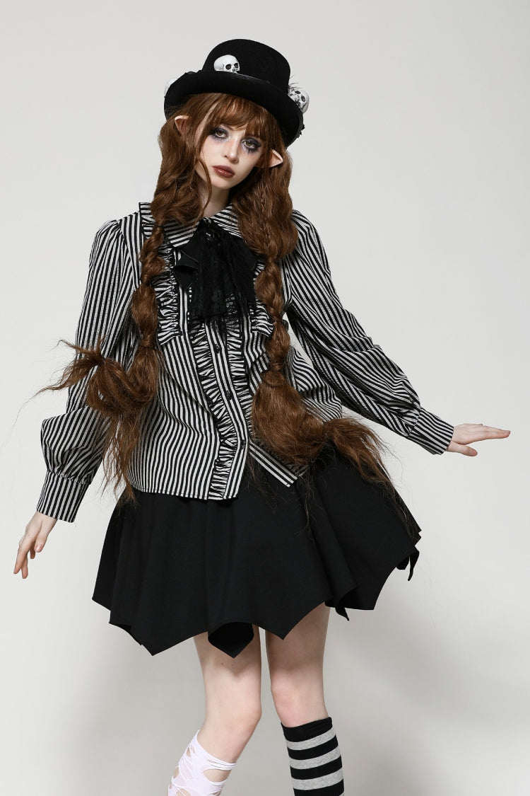 Black/White Skull Lace Jabot Striped Lapel Collar Long Sleeves Ruffled Women's Lolita Gothic Blouse - Black/White - 1