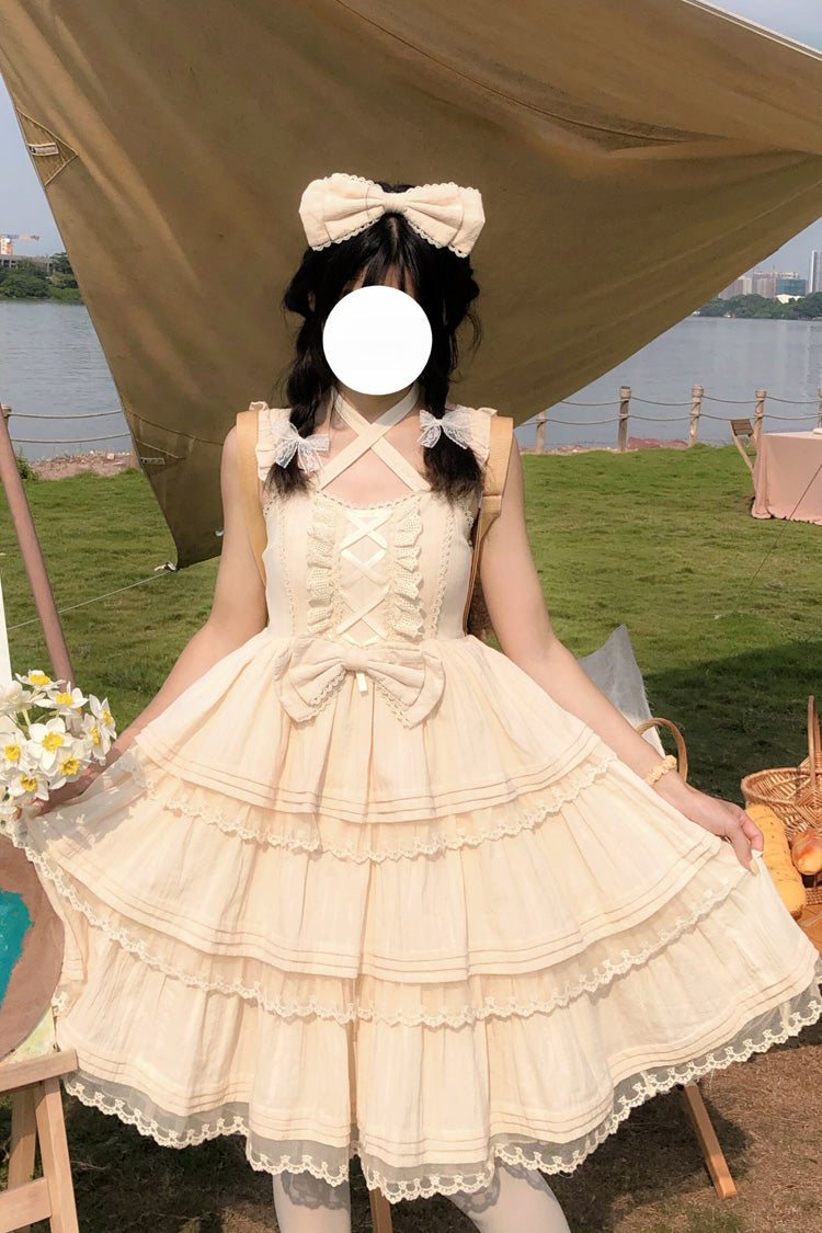 Apricot First Love Triple-Layered Ruffle Bowknot Lace Sweet Lolita Jsk Dress - Product - 6