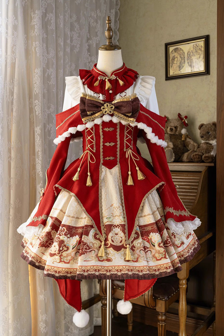 Red [New Year] Print Ruffle Bowknot Lace-Up Sweet Chinese Style Lolita Jsk Dress - Product - 3