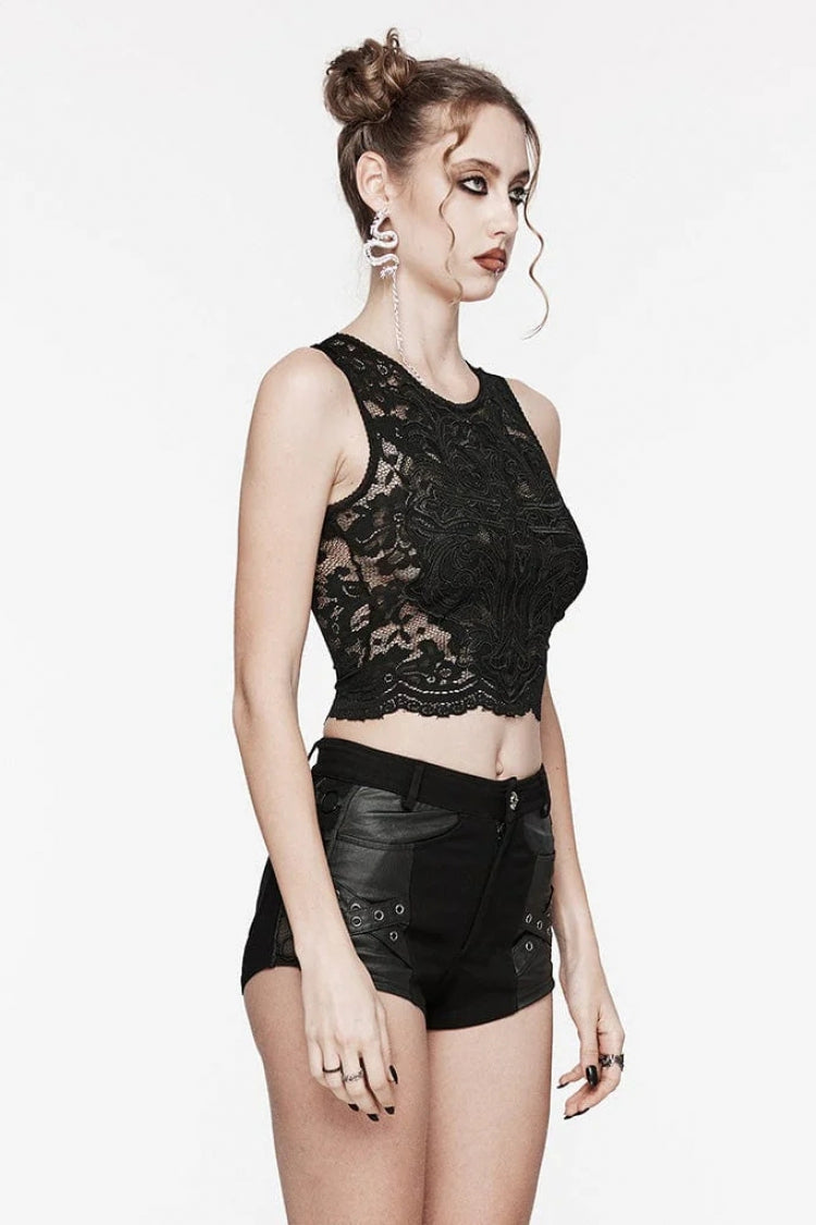 Black Sleeveless Hollow Cross Embroidery Lace Womens Gothic Vest - Product - 2