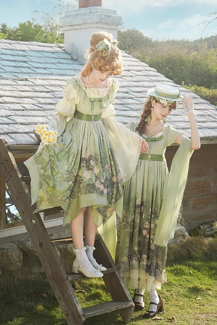 Green [Blooming Roses] Print Oil Painting Chiffon Short Sleeves Ruffle Bowknot Sweet Lolita Dress - Product - 7
