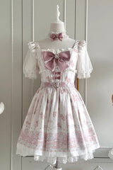 Pink [Teddy Bear Party] Square Collar Short Sleeves Printed Ruffled Bow Lace Sweet Jirai Kei Japanese Dress - Pink - 1