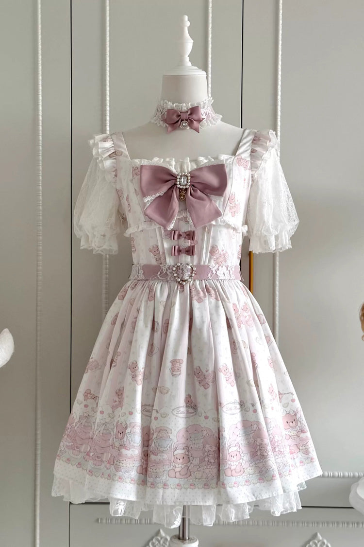 Pink [Teddy Bear Party] Square Collar Short Sleeves Printed Ruffled Bow Lace Sweet Jirai Kei Japanese Dress - Pink - 1
