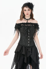 Black Jacquard Ruffled Lace Lace-Up Women's Gothic Overbust Corset - Black - 1