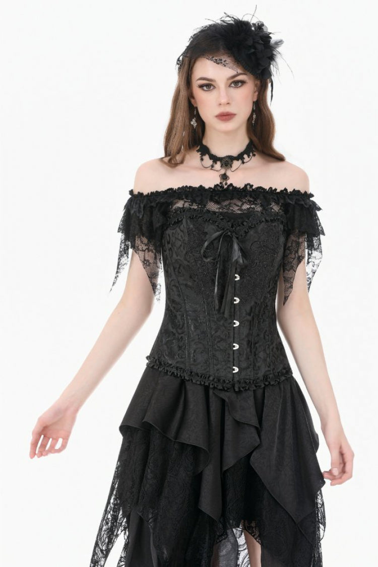 Black Jacquard Ruffled Lace Lace-Up Women's Gothic Overbust Corset - Black - 1