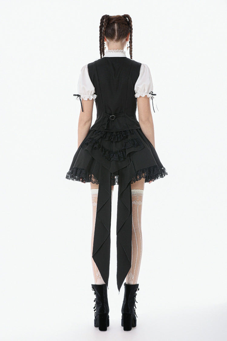 Black/White Short Puff Sleeves Lace Ruffled Stand Collar Women's Gothic Royal Blouse - Product - 12
