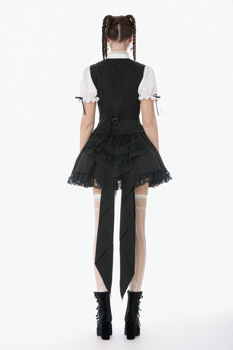 Black/White Short Puff Sleeves Lace Ruffled Stand Collar Women's Gothic Royal Blouse - Product - 12
