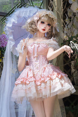 Pink Sleeveless Multi-Layered Ruffle Bowknot Lace Lace-Up Sweet Princess Lolita Jsk Dress - Pink - 1