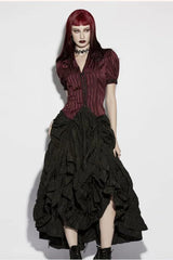 Red V Collar Short Puff Sleeves Lace Lace-Up Striped Women's Gothic Blouse - Product - 4